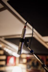 Close-up of a studio microphone ready for a radio broadcast