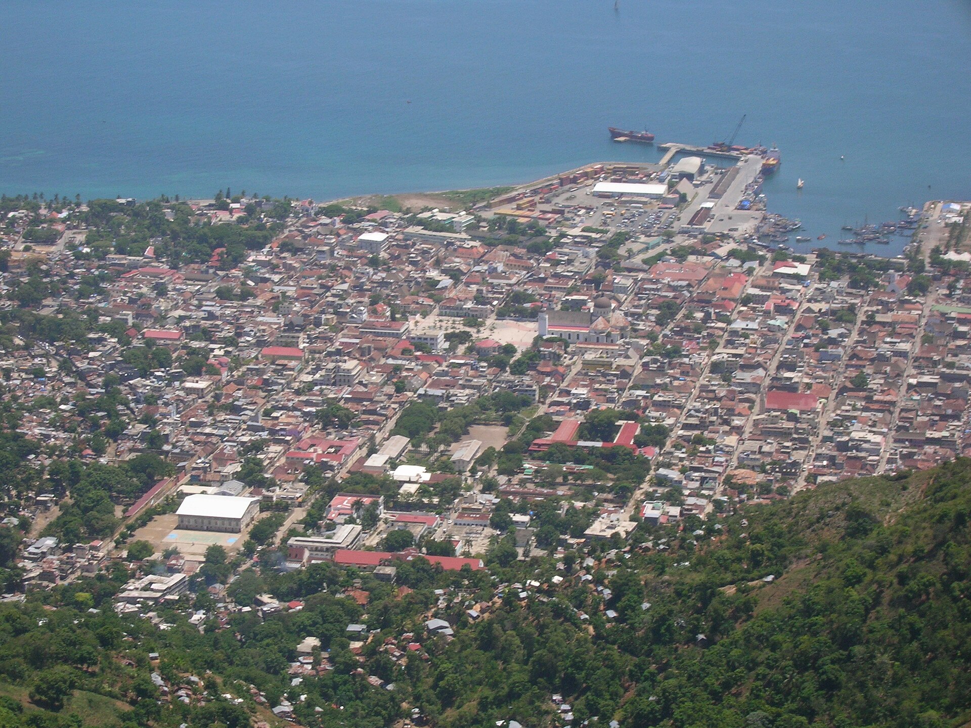 Aerial view of Cap-Haïtien city centre, cathedral, and harbour