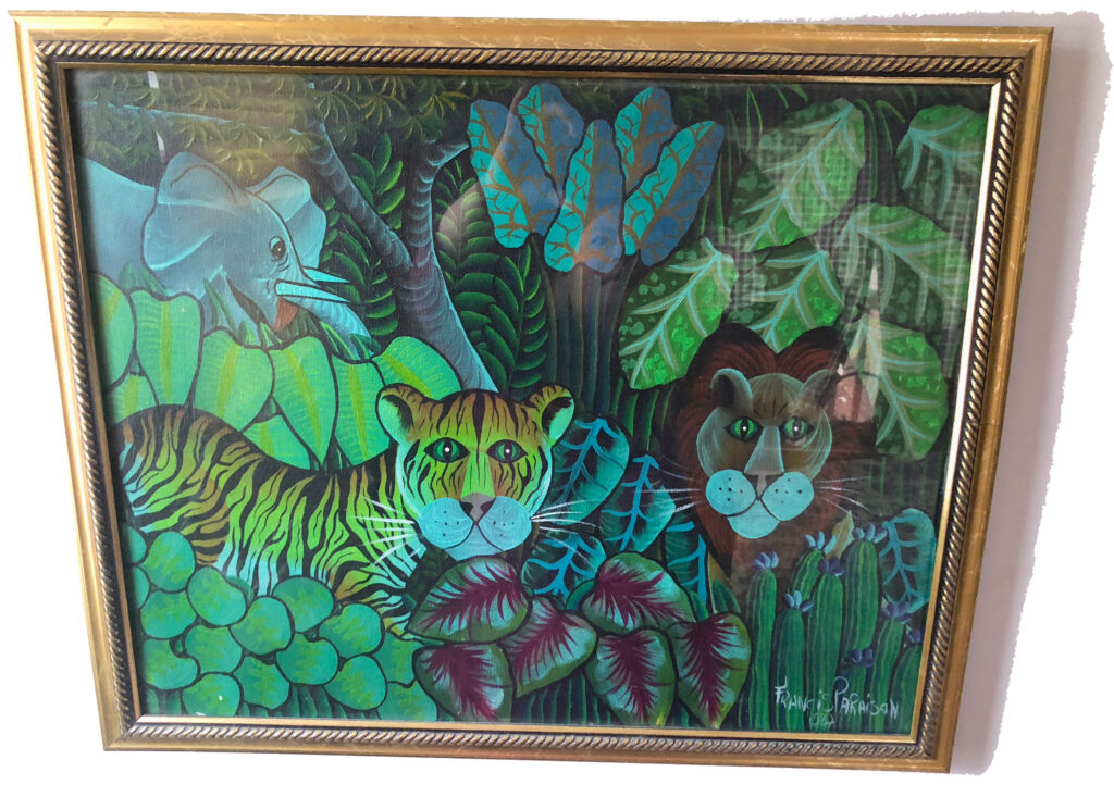 Peinture haïtienne de Francis Paraison, jungle colorée, 1987